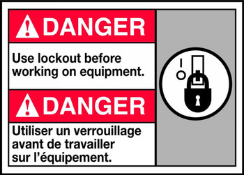 Bilingual ANSI Danger Safety Sign: Use Lockout Before Working On Equipment 10" x 14" Adhesive Vinyl 1/Each - MAFC183VS