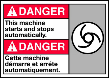 Bilingual ANSI Danger Safety Sign: This Machine Stops and Starts Automatically 10" x 14" Adhesive Dura-Vinyl 1/Each - MAFC192XV