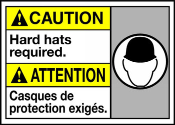 Bilingual ANSI Caution Safety Sign: Hard Hats Required 10" x 14" Plastic 1/Each - MAFC618VP