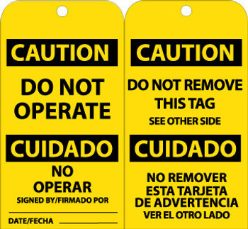 Tags - Do Not Operate Bilingual - 6X3 - .015 Mil Unrip Vinyl - 25 Pk W/ Grommet - RPT152G