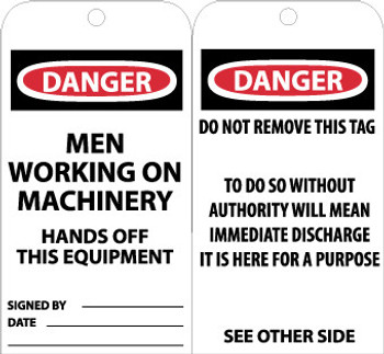 Tags - Danger: Men Working On Machinery - 6X3 - Unrip Vinyl - Pack of 25 W/ Grommet - RPT31G