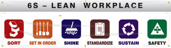 Safety Banners: 6S Lean Workplace - Sort - Set In Order - Shine - Standardize - Sustain - Safety 28" x 8-ft 1/Each - MBR987