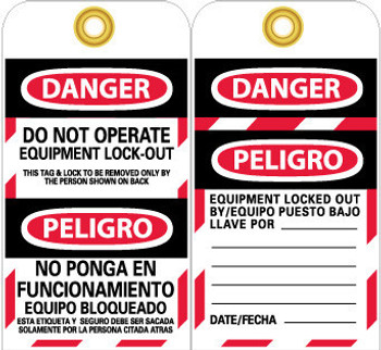 Tags - Danger: Do Not Operate Equipment Lock Out - Bilingual - 6X3 - Unrip Vinyl - Pack of 25 Grommet - SPLOTAG11-25