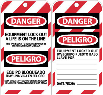 Tags - Lockout - Danger: Equipment Lockout(Bilingual) - 6X3 - Unrip Vinyl - 10/Pk Grommet - SPLOTAG12