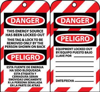 Tags - Lockout - Danger: This Energy Source Has Been Locked Out This Tag & Lock To Be Removed Only By The Person Shown On Back Bilingual - 6X3 - Unrip Vinyl - 10 Pk Grommet - SPLOTAG17