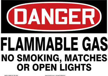 OSHA Danger Safety Sign: Flammable Gas No Smoking, Matches Or Open Lights 10" x 14" Dura-Fiberglass 1/Each - MCHL273XF