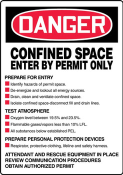 OSHA Danger Safety Sign: Confined Space - Enter By Permit Only - With Entry Procedure 20" x 14" Plastic 1/Each - MCSP017VP