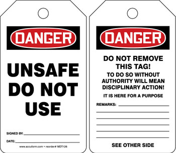 OSHA Danger Safety Tag: Unsafe - Do Not Use English Standard Back A HS-Laminate 25/Pack - MDT126LTP