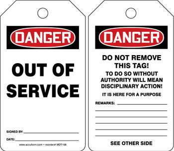 OSHA Danger Safety Tag: Out Of Service English Standard Back A HS-Laminate 5/Pack - MDT158LTM