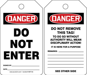 OSHA Danger Safety Tag: Do Not Enter English Standard Back B RP-Plastic 5/Pack - MDT187PTM