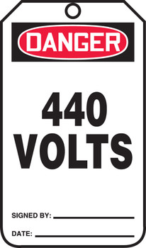 OSHA Danger Safety Tag: 440 Volts Standard Back B RP-Plastic 25/Pack - MDT195PTP