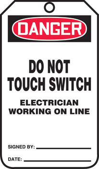 OSHA Danger Safety Tag: Do Not Touch Switch - Electrician Working On Line Standard Back B RP-Plastic 5/Pack - MDT213PTM