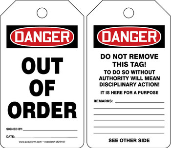 OSHA Danger Safety Tag: Out Of Order PF-Cardstock - MDT231CTP