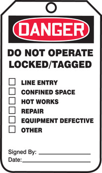 OSHA Danger Safety Tag: Do Not Operate - Locked/Tagged Standard Back B RP-Plastic 25/Pack - MDT239PTP