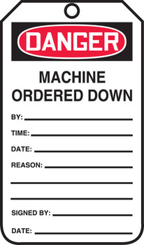 OSHA Danger Safety Label: Machine Ordered Down Standard Back B PF-Cardstock 5/Pack - MDT240CTM