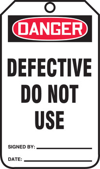 OSHA Danger Safety Tag: Defective Do Not Use Standard Back A 8 1/2" x 3 7/8" PF-Cardstock 25/Pack - MDT258CTP