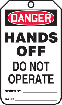 OSHA Danger Safety Tag: Hands Off - Do Not Operate Standard Back B 8 1/2" x 3 7/8" RP-Plastic 25/Pack - MDT291PTP