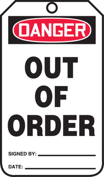 Jumbo OSHA Danger Safety Tag: Out Of Order Standard Back B 8 1/2" x 3 7/8" RP-Plastic 5/Pack - MDT293PTM