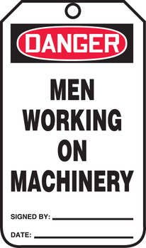 OSHA Danger Safety Tag: Men Working On Machinery Standard Back B 8 1/2" x 3 7/8" PF-Cardstock 5/Pack - MDT294CTM