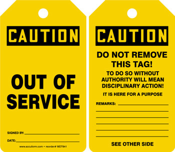 OSHA Caution Safety Tag: Out Of Service Standard Back B RP-Plastic 5/Pack - MDT652PTM