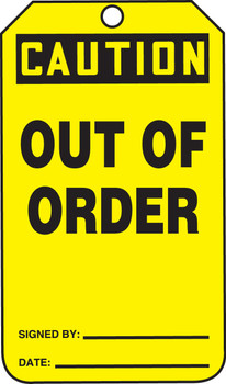 OSHA Caution Safety Tag: Out Of Order - Jumbo Standard Back B 8 1/2" x 3 7/8" RP-Plastic 5/Pack - MDT686PTM