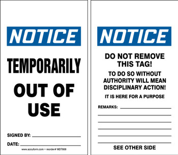 OSHA Notice Safety Tag: Temporarily Out Of Use Standard Back B RP-Plastic 25/Pack - MDT819PTP