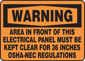 OSHA Warning Safety Sign: Area In Front Of This Electrical Panel Must Be Kept Clear For 36 Inches - OSHA-NEC Regulations 10" x 14" Dura-Fiberglass 1/Each - MELC304XF