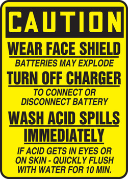 OSHA Caution Safety Sign: Wear Face Shield - Batteries May Explode 14" x 10" Adhesive Dura-Vinyl 1/Each - MELC651XV