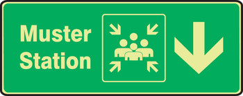 Glow-In-The-Dark Safety Sign: Muster Station (Graphic And Down Arrow) 7" x 17" Lumi-Glow Flex 1/Each - MFEX943GF