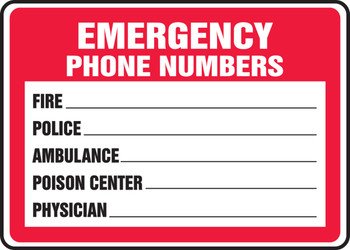 Safety Sign: Emergency Phone Numbers 10" x 14" Aluminum 1/Each - MFSD400VA