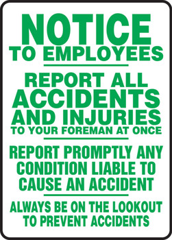 Notice To Employees Safety Sign: Report All Accidents And Injuries 14" x 10" Dura-Fiberglass 1/Each - MFSD549XF