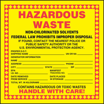 Hazardous Waste Label: Hazardous Waste - Non-Chlorinated Solvents 6" x 6" Adhesive-Poly Sheet 100/Pack - MHZW05EVC