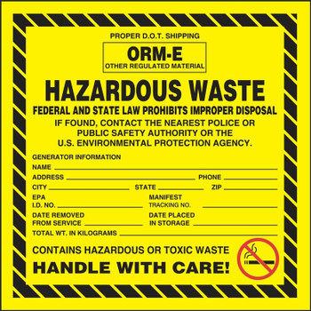 Hazardous Waste Label: Hazardous Waste - ORM-E 6" x 6" Adhesive-Poly Sheet 250/Roll - MHZW06EVL