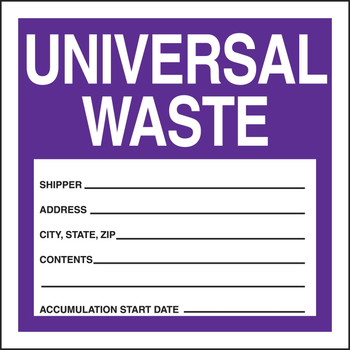 Safety Label: Universal Waste 6" x 6" Adhesive-Poly Sheet - MHZW16EVC