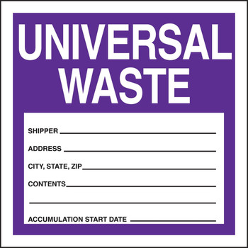 Safety Label: Universal Waste 6" x 6" Adhesive Coated Paper - MHZW16PSP