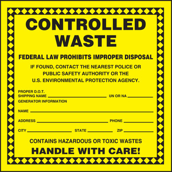 Hazardous Waste Label: Controlled Waste 6" x 6" Adhesive-Poly Sheet 250/Roll - MHZW18EVL