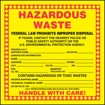 Hazardous Waste Label: Hazardous Waste (Technical Chemical Name) 6" x 6" Adhesive-Poly Sheet 25/Pack - MHZW25EVP