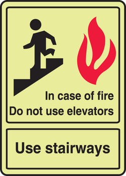 ANSI Glow-In-The-Dark Safety Sign: In Case of Fire Do Not Use Elevators - Use Stairways 14" x 10" Lumi-Glow Plus+ Plastic 1/Each - MLEX510GT