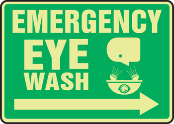 Glow-In-The-Dark Safety Sign: Emergency Eye Wash (Right Arrow) 10" x 14" Lumi-Glow Plastic - MLFS561GP