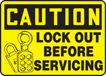 OSHA Caution Lockout/Tagout Sign: Lock Out Before Servicing 10" x 14" Adhesive Vinyl 1/Each - MLKT606VS