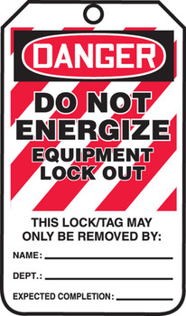 OSHA Danger Lockout Tag: Do Not Energize - Equipment Lock Out RP-Plastic 25/Pack - MLT416PTP