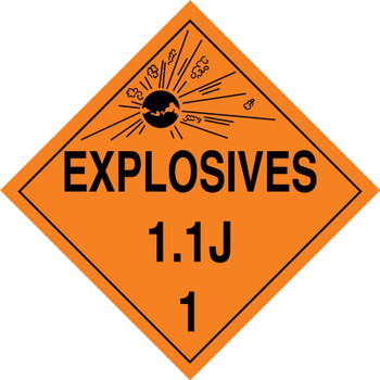 DOT Placard: Hazard Class 1 - Explosives & Blasting Agents (1.1J) 10 3/4" x 10 3/4" Plastic 100/Pack - MPL18VP100