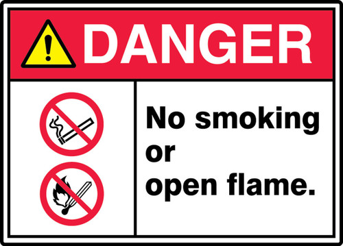 ANSI ISO Danger Safety Sign: No Smoking Or Open Flame. 10" x 14" Adhesive Vinyl 1/Each - MRMK008VS