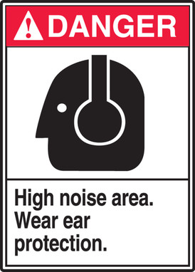 ANSI Danger Safety Sign: High Noise Area - Wear Ear Protection. 14" x 10" Adhesive Dura-Vinyl 1/Each - MRPE102XV