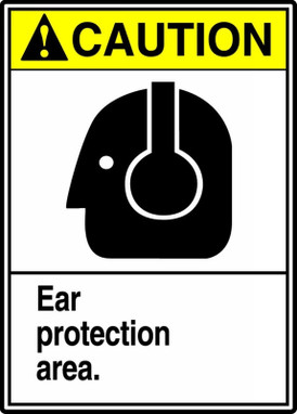 ANSI Caution Safety Sign: Ear Protection Area. 14" x 10" Adhesive Vinyl 1/Each - MRPE605VS