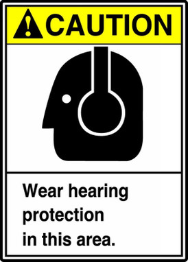 ANSI Caution Safety Sign: Wear Hearing Protection In This Area. 10" x 7" Adhesive Vinyl 1/Each - MRPE624VS