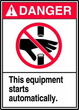 ANSI Danger Equipment Safety Sign: This Equipment Starts Automatically 14" x 10" Adhesive Dura-Vinyl 1/Each - MRQM110XV