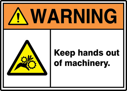 ANSI ISO Warning Safety Signs: Keep Hands Out Of Machinery. 10" x 14" Adhesive Dura-Vinyl 1/Each - MRQM309XV