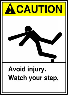 ANSI Caution Safety Sign: Avoid Injury. Watch Your Step. 10" x 7" Plastic 1/Each - MRTF601VP