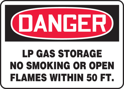 OSHA Danger Safety Sign: LP Gas Storage - No Smoking Or Open Flames Within 50 FT. 7" x 10" Aluminum 1/Each - MSMK010VA